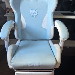 Ergonomic Gaming Cushiony Chair, With Foot Rest, Cat Themed, Blue And White