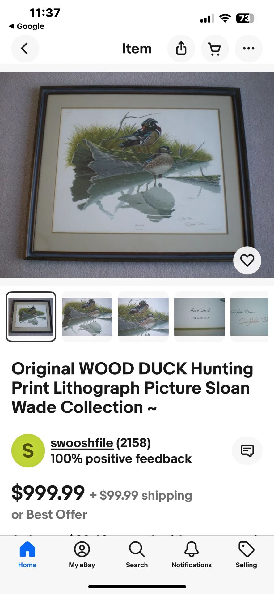 Wood Duck Original Lithograph Framed Print By Sloan Wade. Collectible Vintage