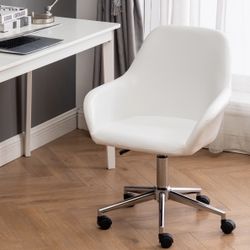Pearl White Swivel Leatherette Bucket Chair Padded Adjustable Rolling Home Office Mid-Back Upholstery Chair, Swivel