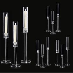 Vincidern 12pcs Taper Candle Holder Acrylic Candlestick Holder Clear Set for Table Centerpiece, Long Candle Stick Candle Stand Cylinder Shade for Wedd