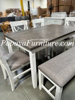New 6 Piece Dining Set Table And Chairs Bench Dinette Grey Gray White Contemporary Farmhouse cottage Ashley Style Clearance Discount Furniture SALE