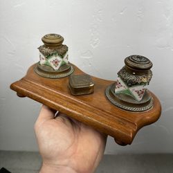 Antique French Brass & Glass Victorian Dual Inkwell With Wooden Base Decorative