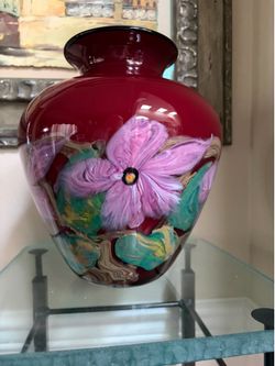 John Fields Studio Art Glass Vase Hand Blown Heavy Red Glass Vase 9.75”H