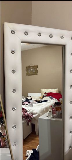Large White Floor Mirror with Crystal Studs