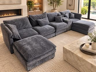 Beautiful Large Gray Sectional Sofa with Oversized Ottoman – Like New