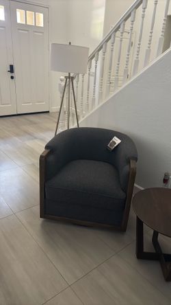 Dark Gray Barrel Accent Chair with Wood Arms