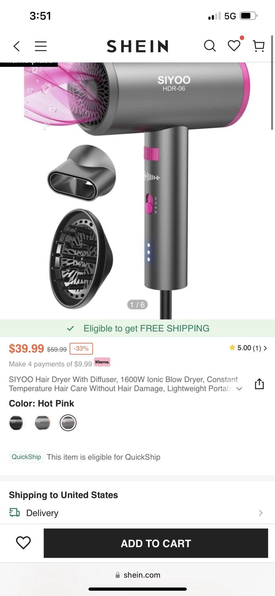 SIYOO Hair Dryer with diffuser