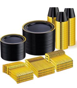 WELLIFE 600 PCS Black Gold Disposable Dinnerware Set for 100 Guests Black Gold Plastic Tableware, Dinner Plates, Cups, Forks, Knives & Spoons for Grad
