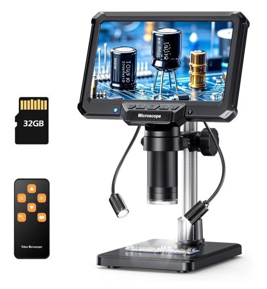Digital Microscope 7-Inch IPS Screen - 10X-1200X Magnification, 2 Gooseneck Lights, 32GB SD Card, Remote Control & Adjustable Stand