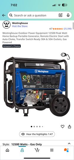 Westinghouse Outdoor Power Equipment 12500 Peak Watt Home Backup Portable Generator, Remote Electric Start with Auto Choke, 30 & 50 amp Gas