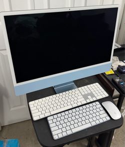Apple Blue iMac M1 with Magic Keyboard with finger print, keyboard it came with, and Magic Mouse