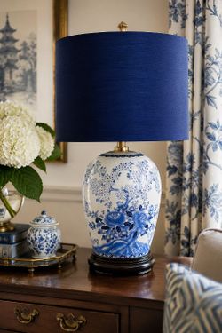 Blue White Chinoiserie Table Lamp with Navy Shade