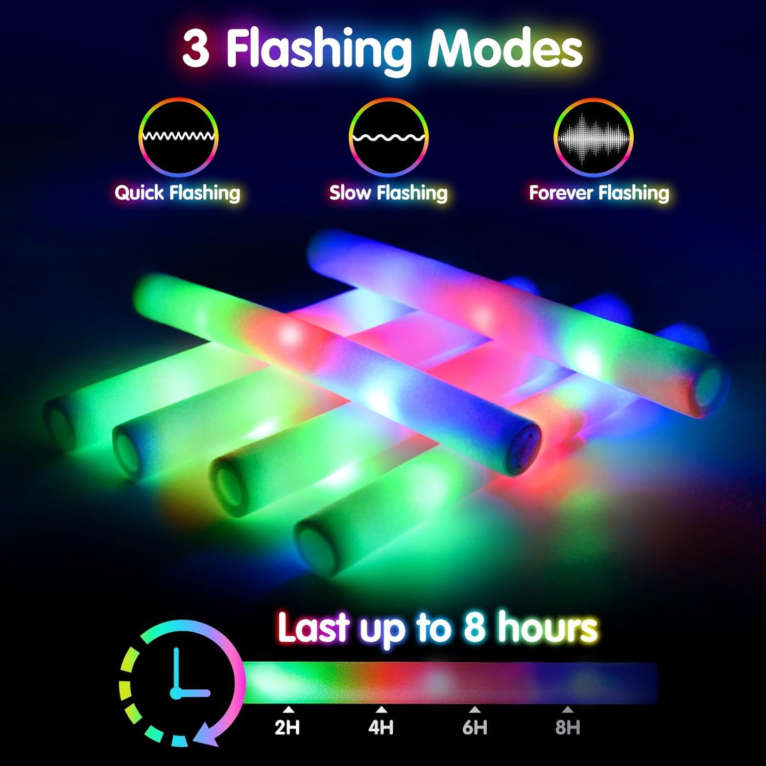 124 PCS Glow Sticks, Foam Glow Sticks, Foam Light up Sticks with 3 Modes Colorful Flashing, Glow In The Dark Party Supplies, Glow Sticks Bulk Party Pa