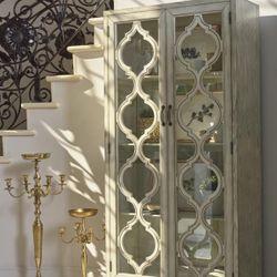 VINTAGE MOROCCAN VIBE 2-DOOR TALL DISPLAY CABINET ANTIQUE WHITE FINISH