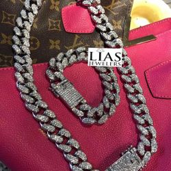 New 18k White Gold Cuban Link Chain And  Bracelet 