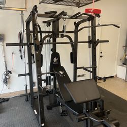 SMITH MACHINE/ PULLEY SYSTEM/ SQUAT RACK/ ADJUSTABLE BENCH/ BARBELL/ OLYMPIC BUMPER PLATES/ GYM EQUIPMENT/ FREE DELIVERY 🚚