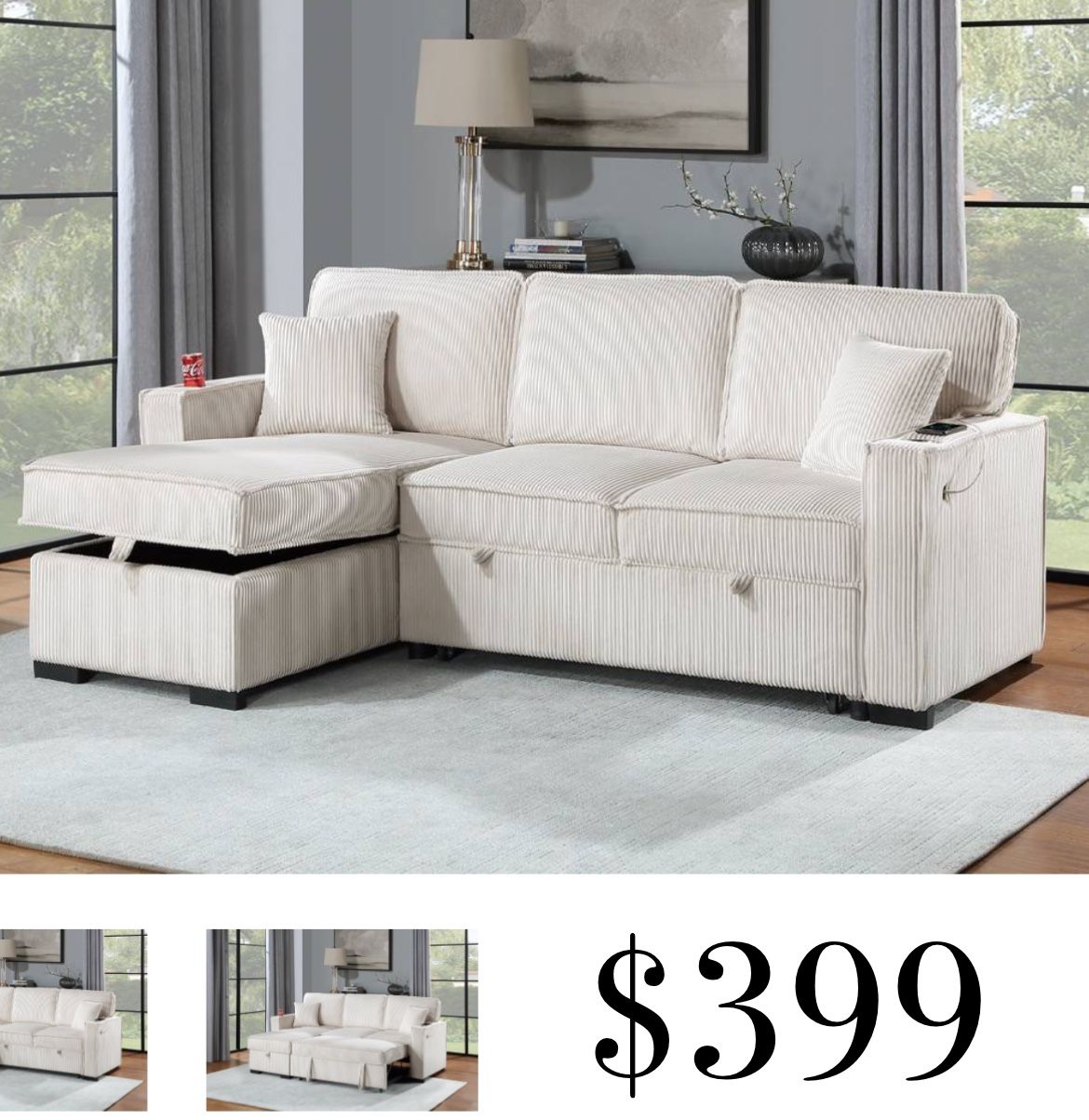 Ivory Corduroy Sectional Sofa Bed With Storage Pillows Included With Cup Holders And Charging Port