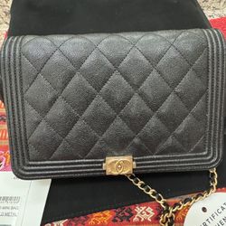 CHANEL Classic Black BOY WALLET ON CHAIN WOC Caviar Leather 