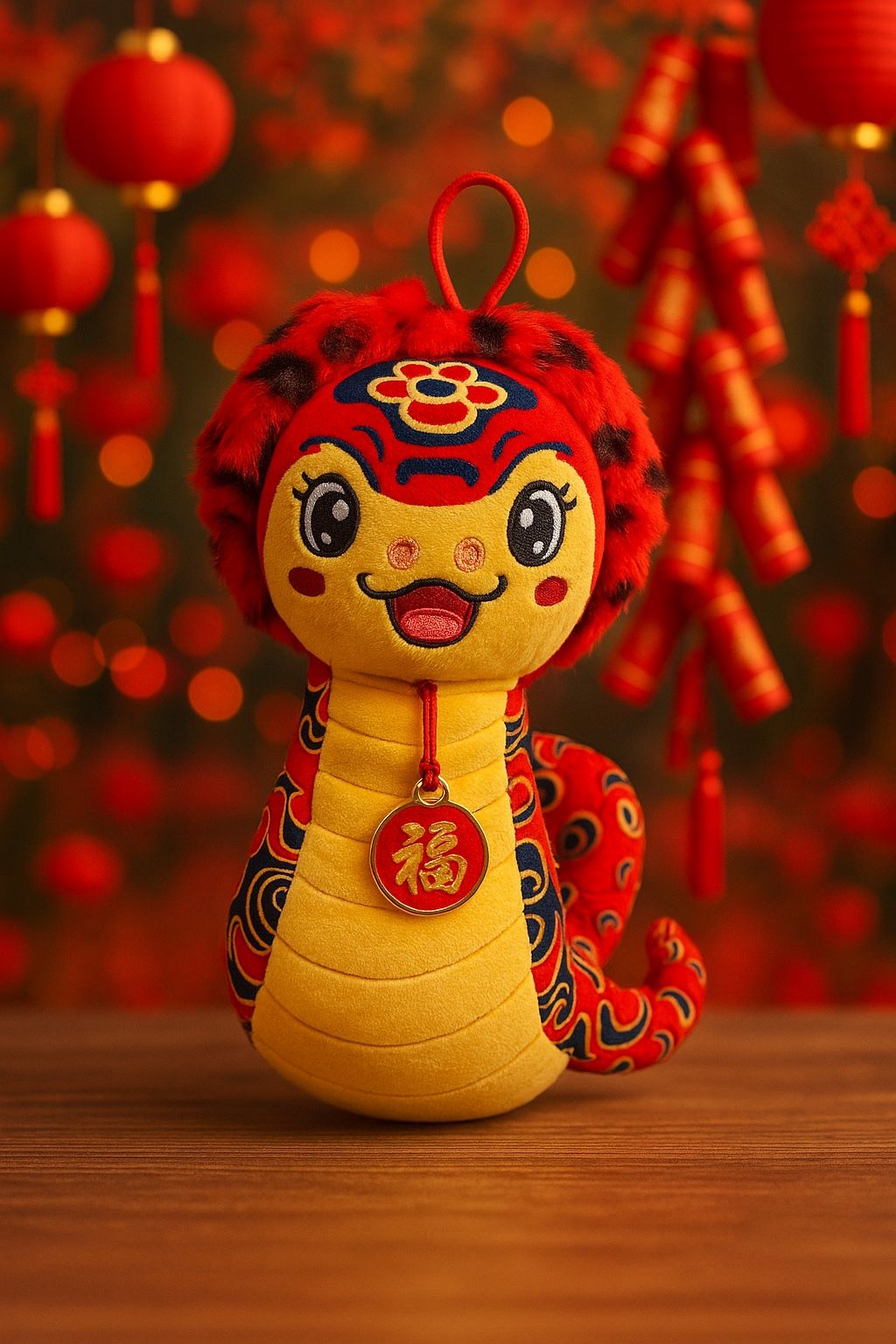 Chinese New Year 2025 Plush Red Lucky Snake With Lion Head, 8”