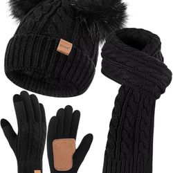 Winter Hat Scarf Glove Set for Women, Fleece Lined Beanie with Double Pom Pom, Touchscreen Gloves Knit Scarf for Cold Weather