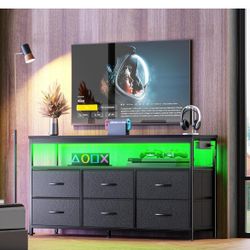 Huuger LED TV Stand for Bedroom, 47 Inch Dresser TV Stand for 43, 50, 55 Inch TV, Black TV Stand with Storage, Entertainment Center with Power Outlets