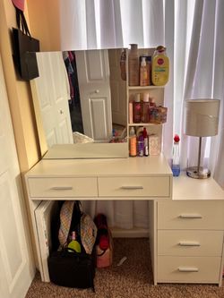 White Vanity Desk with Mirror and Storage