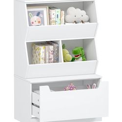 New Utex Kids Toy Storage Cabinet and Organizer with Drawers and Cubbies - Ideal for Playroom, Classroom, Nursery - White