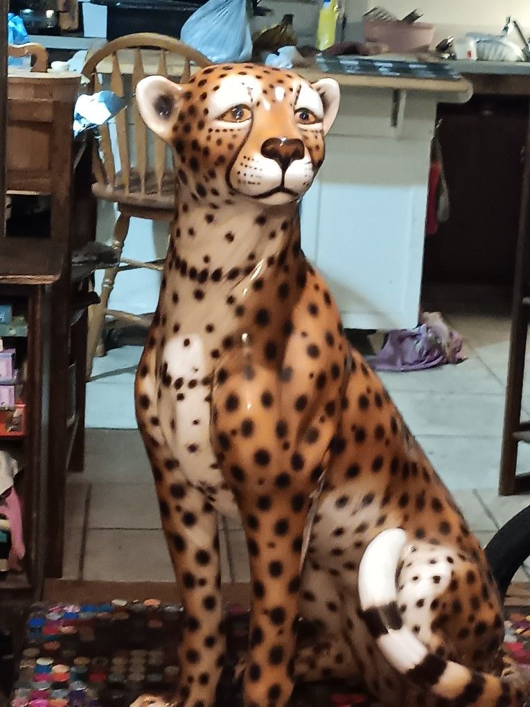 1960's Vintage Large Italian Ceramic Leopard Mother And Cubs Set. Majolica