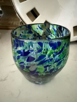 Beautiful Handblown Art Glass Vessel. Has pretty blue and green colors. Speckled pattern all around. Pontel scar at the bottom - heavy glass   Lovely 