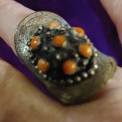 Coral In Hammered metal Ring