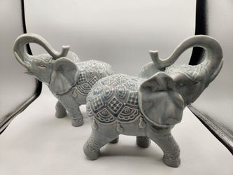 2 trunk up elephant ceramic figures Figurine Statue Thai light blue and white Thailand 10x11"