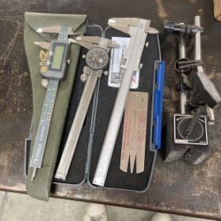 Assorted Calipers And Dial Indicator Stand