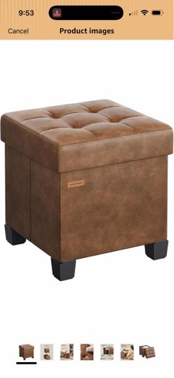 SONGMICS Small Storage Ottoman, 15 x 15 x 15.8 Inches, 9.8 Gal. (37 L) Folding Ottoman Cube, Footstool, Footrest, PVC Leather Surface, Coffee Brown, M