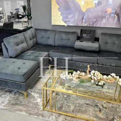 Grey Sectional Sofa Grwt Velvet Cup Holders New Pay Later