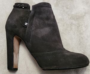 CHANEL Dark Grey with silver glittery , Suede Ankle Boots CHAIN DETAIL 38.5