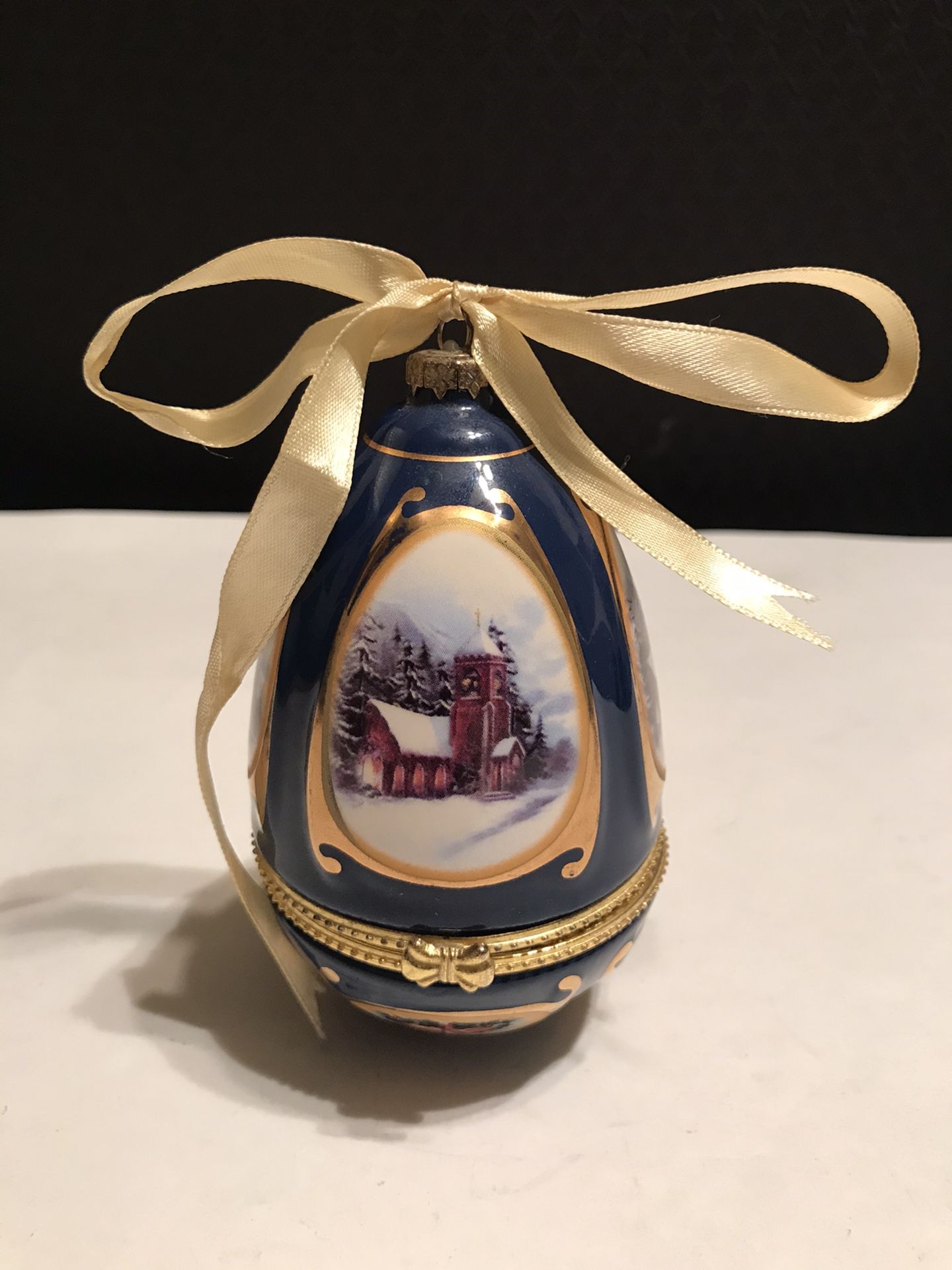 Blue Enamel “Away in the Manger” Musical Egg Christmas Tree Ornament