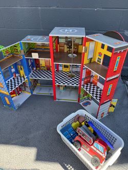 Wooden Kids Fire Station Playset with Accessories