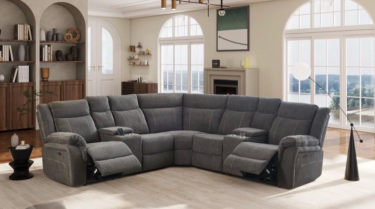 Gray microfiber fully reclining sectional couch