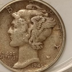 1945 Mercury Dime, No Mint Mark, Partial Bands,