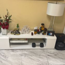 Modern TV Stand, 59 Inch, Console, Media Entertainment Center, Storage Shelves, Living Room, Bedroom, Glossy White Laminate, Clear Tempered Glass, Con