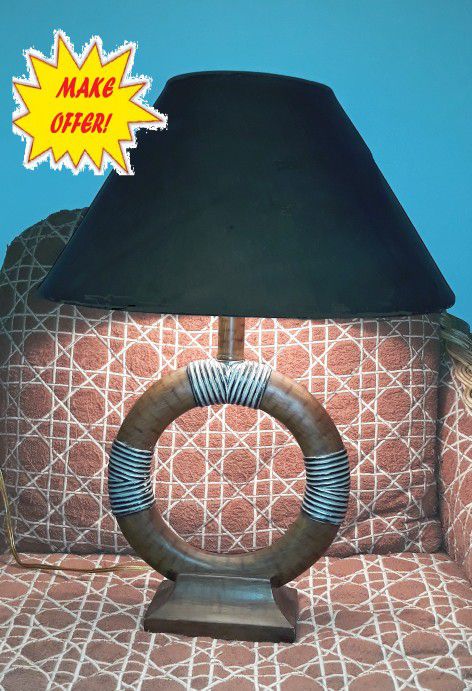 Beautiful, very unusual LAMP, porcelain base, leather-like shade