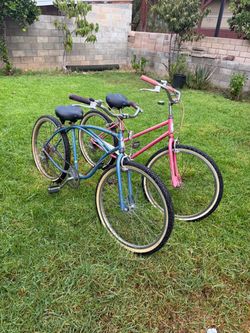 Two Vintage Cruiser Bicycles – Blue and Pink