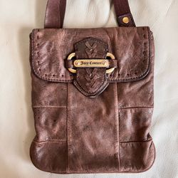 Juicy Couture Brown Leather Messenger Crossbody with Gold-Tone Logo Plate