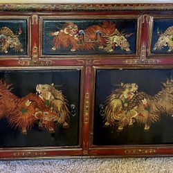 Extremely Rare Antique Tibetan Chest Featuring Tibetan Lions On The Front In Great Colors And Exceptional Condition