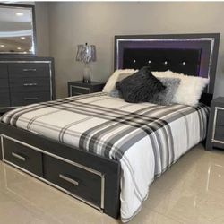 AP- Gray LED Footboard Storage Bedroom Set- 4-Piece (Bed, Dresser, Mirror, Nightstand) Fast Delivery - Financing 