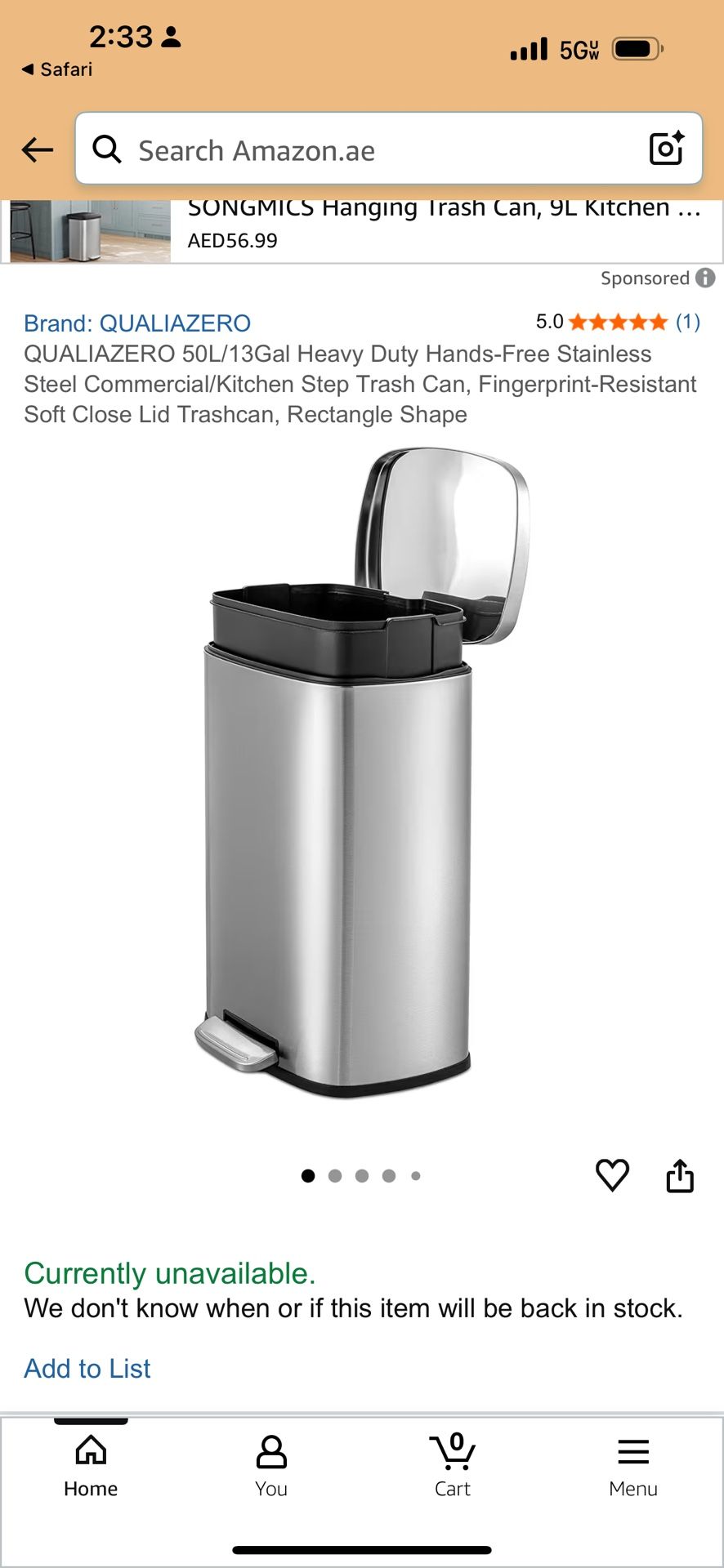 Qualiazero Kitchen Trash Can, 13.2 Gallon Stainless Steel Rectangular Step on Lid Garbage Bin, Silver $45