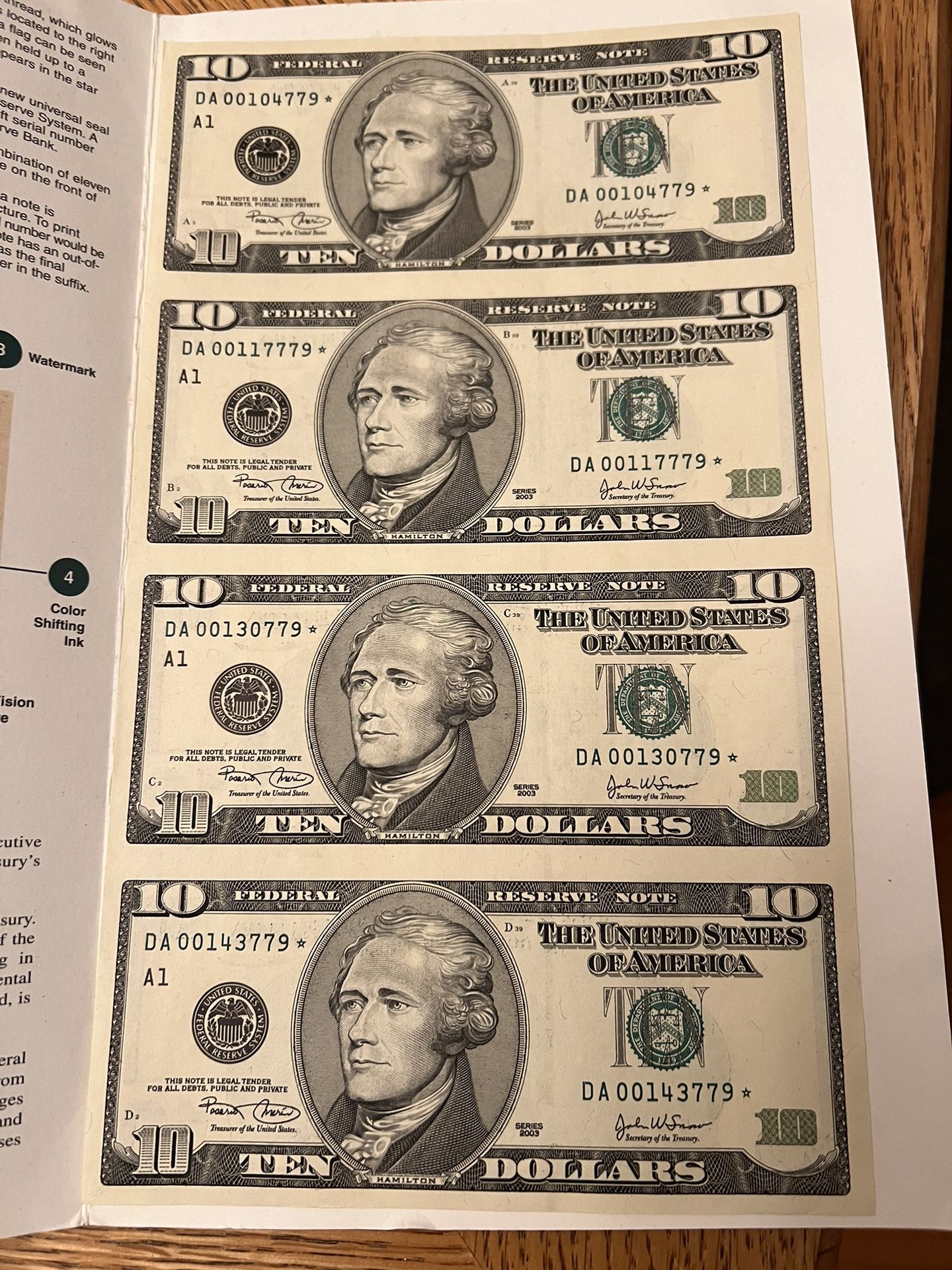 sheet of four $10 star notes 2003
