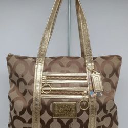 Coach Poppy Signature Gold/Tan Jacquard Canvas Tote Handbag Purse
