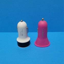 Round Car Power 2 Port Dual USB Output Charger Adaptor in White-Pink