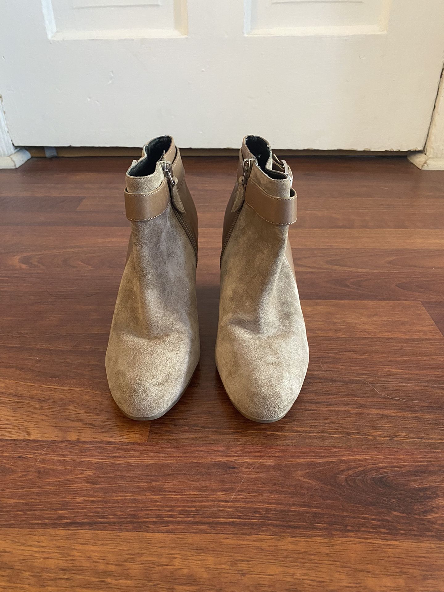 Tan Suede & Leather Wedge Booties